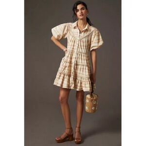 Anthropologie Let Me Be Embroidered Tiered Mini Dress Neutral - Size Large